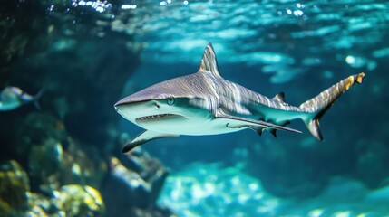Fototapeta premium Majestic Blacktip Reef Shark Displaying Intricate Markings Gliding Through Transparent Ocean Waters