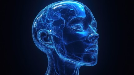 Blue futuristic illustration of a transparent head 