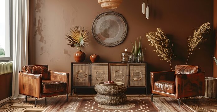 Boho-style wall art with baskets and clay plates sets a relaxed vibe