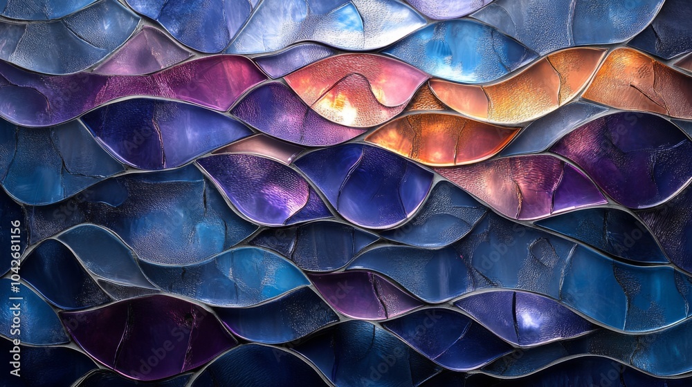 Poster vibrant layers of glass form an abstract composition, showcasing flowing waves in blue, purple, and 