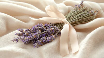 Lavender Bouquet Tied with a Bow on a Soft, Cream Fabric