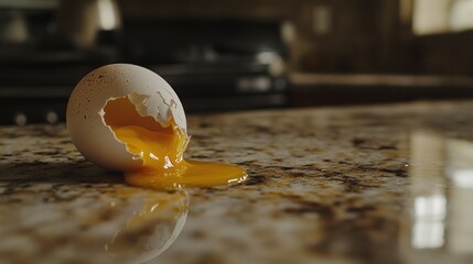 A cracked white egg with yolk spilling onto a countertop.