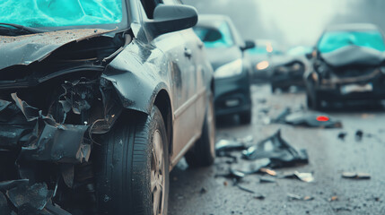 Damaged cars in a multi-vehicle collision on a road, highlighting the aftermath of an accident with debris scattered everywhere.