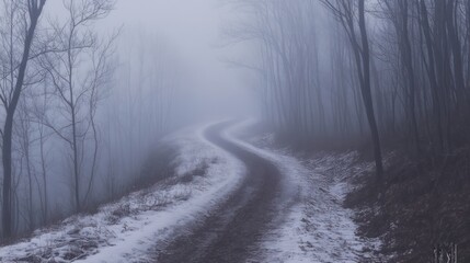 Fototapeta premium A winding path through a foggy forest with snow-covered ground.