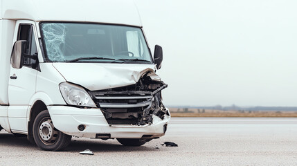 Damaged white delivery van on the roadside after an accident. The crumpled front indicates a serious collision, emphasizing the impact of vehicle accidents.