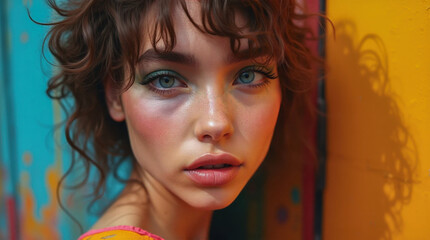 A young woman with short wavy brown hair leaning against a painted wall and looking directly at the camera. Full lips and dark green eyes.