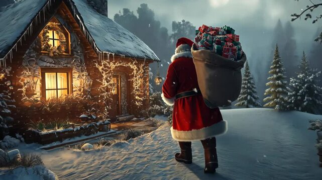 Santa Claus standing outside a cozy, snow-covered house, carrying a sack of gifts on a snowy Christmas evening