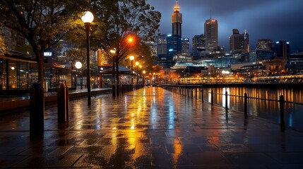 Fototapeta premium Urban Nightscape with Reflections on Wet Pavement