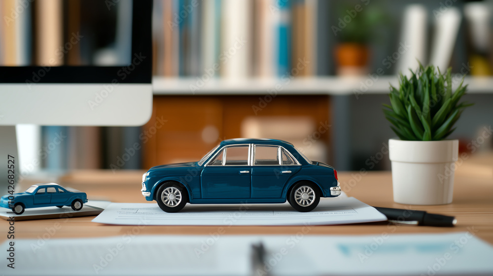 Wall mural miniature blue cars on a workspace, symbolizing business creativity and innovation in a modern offic