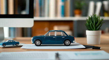 Miniature blue cars on a workspace, symbolizing business creativity and innovation in a modern office setting with a plant.