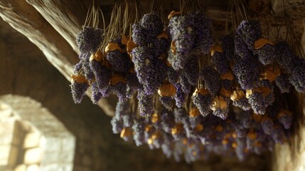 Dried Lavender Bunches Hanging from Wooden Beam