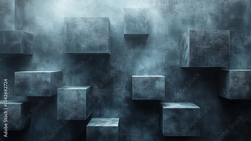 Aufkleber A series of floating, perfectly aligned cubes in varying sizes are set against a textured wall, creating a minimalist atmosphere with shadows and light interplay.