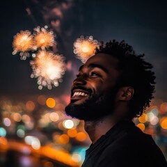 Celebrating Joy and Togetherness A Man Smiling Under Fireworks Against a City Skyline at Night