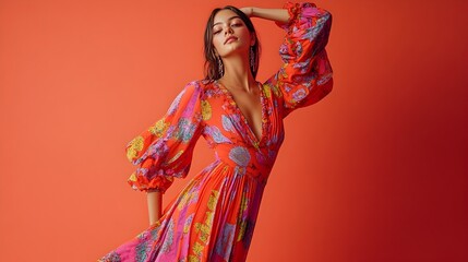 Fototapeta premium Vibrant and Whimsical Portrait of a Young German Woman Posing in a Colorful Playful Dress against a Coral Studio Background with Ample Copy Space Above