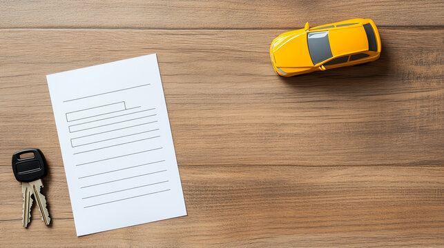 Top view of car keys and a toy car on wooden table, accompanied by a blank document. Ideal for themes of travel and automobile ownership.