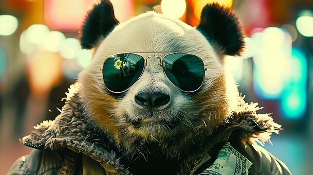 Adorable panda with cash sunglasses and a jacket