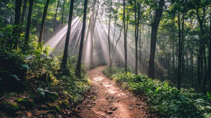Obraz premium A tranquil forest path illuminated by sunlight filtering through trees.
