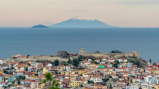 Kavala Greece Old Town View and Samothraki Island in Background, Zoom out on Picture