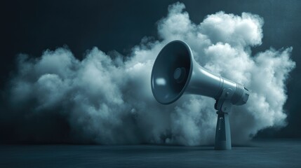 3D megaphone with clouds billowing from it, set against a moody, dark background. The surreal imagery captures the impact of a bold marketing message.