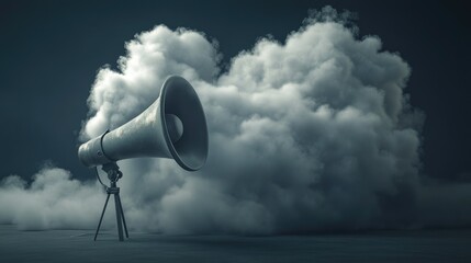 3D megaphone with clouds billowing from it, set against a moody, dark background. The surreal imagery captures the impact of a bold marketing message.