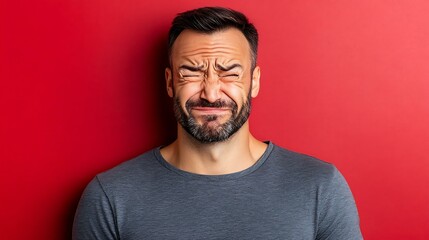 Fototapeta premium Portrait of a Latino man in tears on a red background