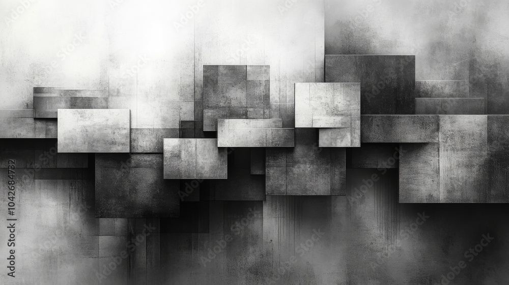 Poster The artwork features an abstract composition of gray geometric shapes layered in various sizes, creating depth and a striking modern feel in a minimalist style.
