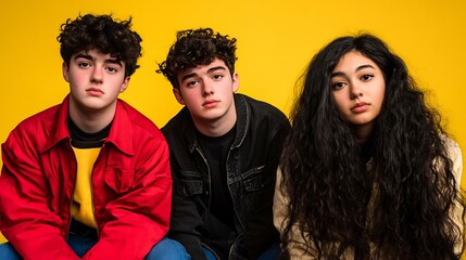 A diverse group of teenagers looking sad and emotional on a yellow background
