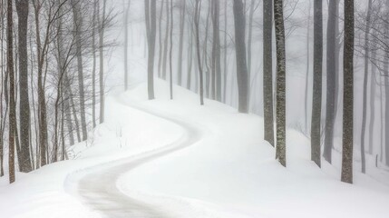 Obraz premium A winding snowy path through a misty forest, evoking tranquility and solitude.
