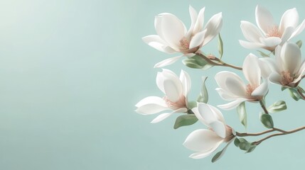 A serene composition of white magnolia flowers against a soft pastel background.