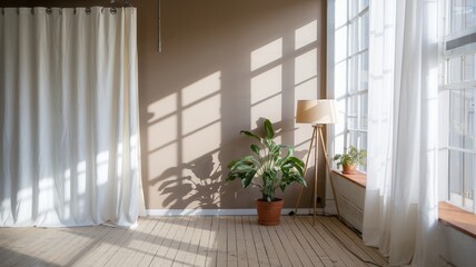Fototapeta premium Sunlit interior with potted plants, wooden floor, and neutral color palette