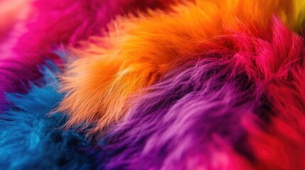 Fototapeta premium A close-up macro photo of soft, multicolored fur, showcasing the vibrant mix of colors and fluffy texture in intricate detail.