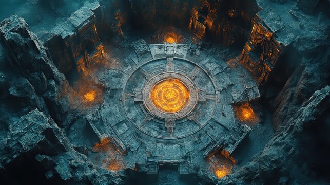 Epic DnD Battle Map of an Underground Temple Illuminated by Mysterious Glowing Runes and Mystical Flames