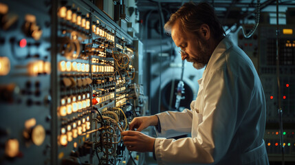 Fototapeta premium Engineer operating vintage control panel in a high-tech laboratory environment