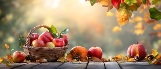 Autumn harvest apples and leaves