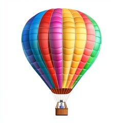 Fototapeta premium Colorful hot air balloon with a passenger in flight, white isolated background