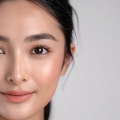 Close up of a Beautiful Asian womens face black hair and natural make up.