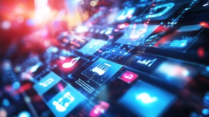 Digital interface featuring music and data visualization elements.