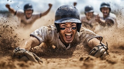 Baseball player dives into home plate with dirt flying around him, celebrating a winning run.