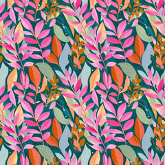Seamless pattern of vibrant leaves in a colorful design with tropical and botanical elements