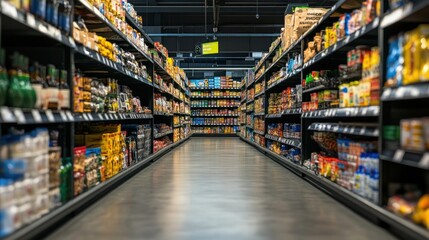 Fototapeta premium An empty aisle in a supermarket with shelves stocked with various products.