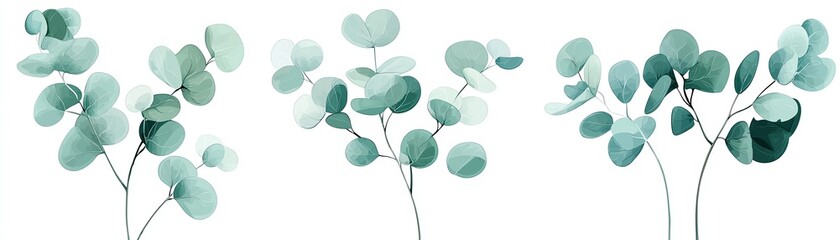 Obraz premium Eucalyptus leaves, artistic arrangement on a white isolated background.