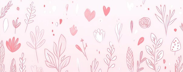 A whimsical pattern of pink flowers and hearts on a light background.