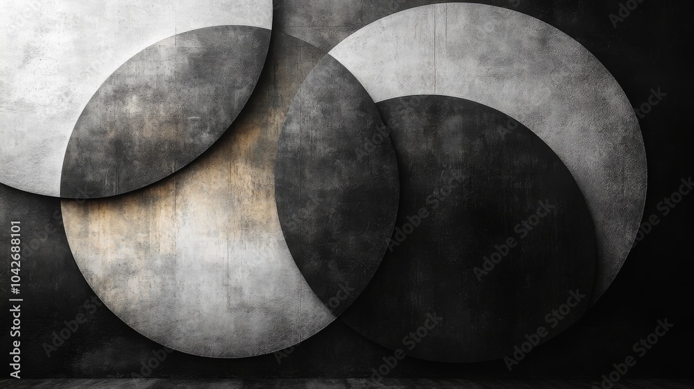 Poster Large circular shapes in shades of gray and white merge seamlessly against a textured black backdrop, creating a dynamic visual that emphasizes contrast and form.