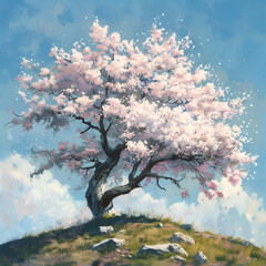 Sakura cherry blossom on the hill bright sky background.