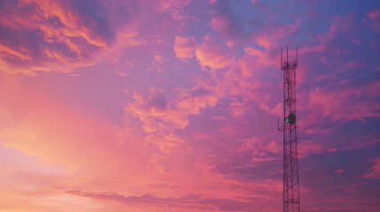 Telecommunication cell tower against a vibrant sunset sky, symbolizing modern communication technology