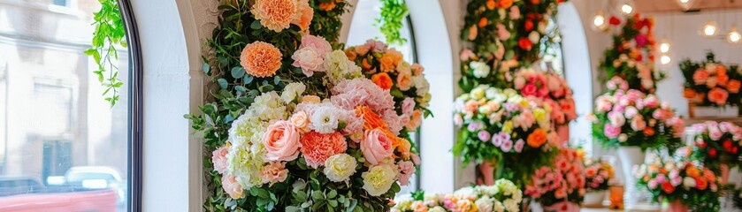 Obraz premium A vibrant floral arrangement in a modern shop, showcasing various colorful blooms and creative decor, perfect for enhancing any space.