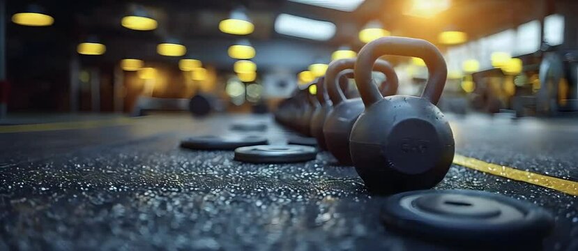 Kettlebells and weight plates in gym, ready for workout.