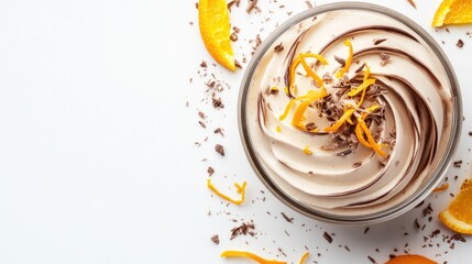 A creamy dessert topped with chocolate shavings and orange zest, garnished with orange slices.
