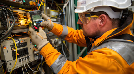 Fototapeta premium Electrical engineer using testing equipment while inspecting a complex wiring system in a facility