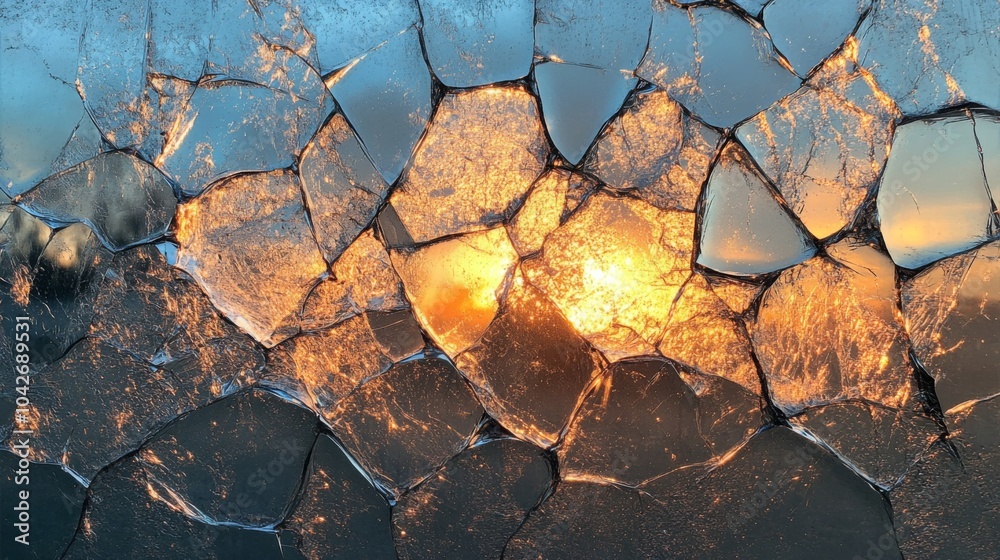 Poster The warm glow of the setting sun casts an array of colors through jagged, cracked glass, creating a stunning interplay of light and texture during twilight.